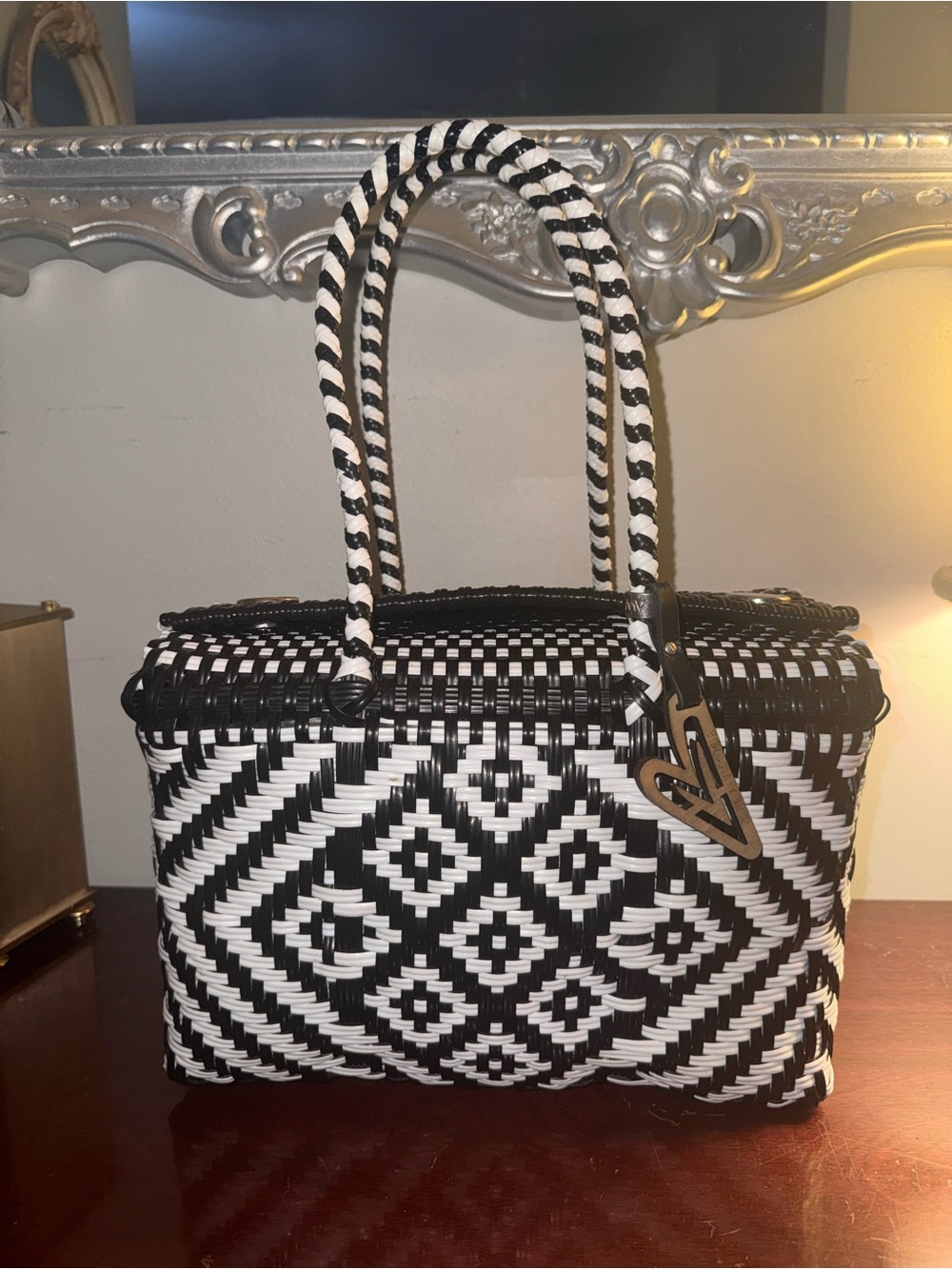 Black & White Woven Geometric Tote Bag